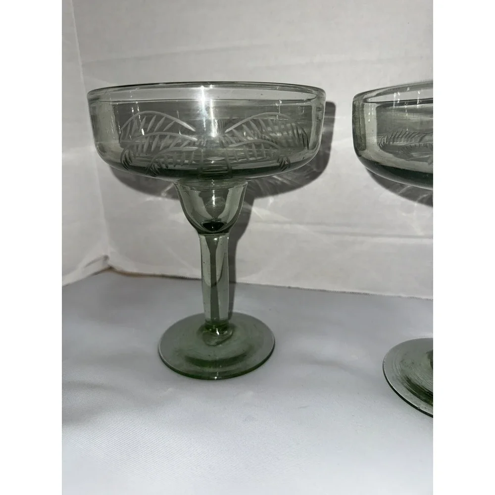 Margarita Glasses‎ Handblown Set Of (4) Green Stem Green Bowl Etched
